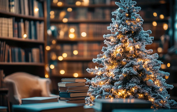 Christmas tree in a legal office library setting
