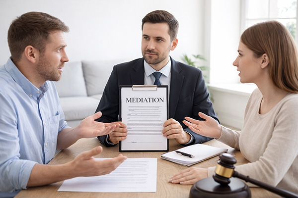 Man and a woman sat on opposite sides of a table with a mediator in between