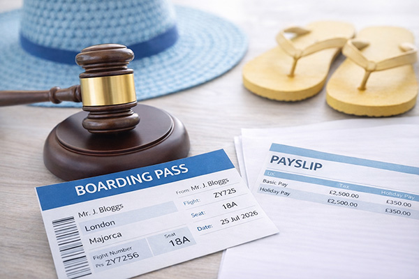 Picture of a gavel, payslip and holiday items on a table