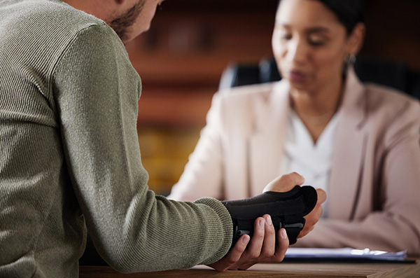 Picture of a man with a wrist injury speaking to a solicitor
