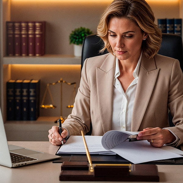 Solicitor in a legal office setting reviewing documents