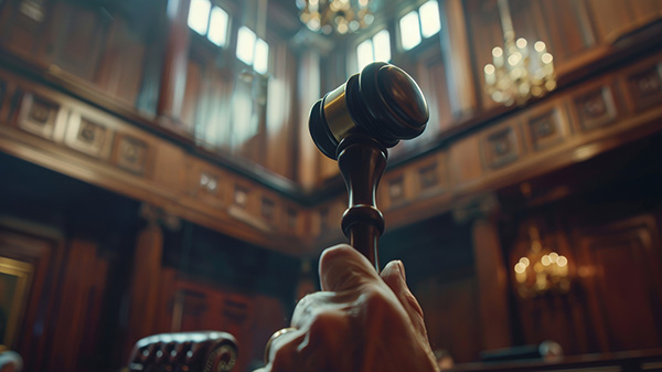Judges hand holding up a gavel in a courtroom