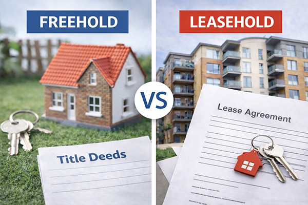 Picture of a house and a flat with title deeds and lease documents