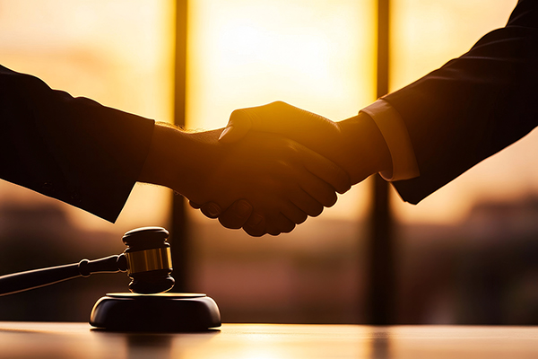 Two hands shaking above a gavel symbolising a legal agreement