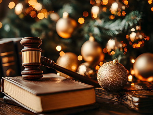 Christmas Tree Gavel Lawyers Desk Festive Office Scene