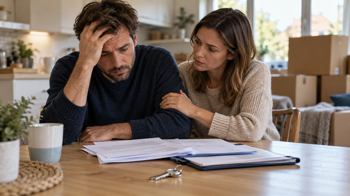 Upset Couple Boxes In Background Property Sale Fail