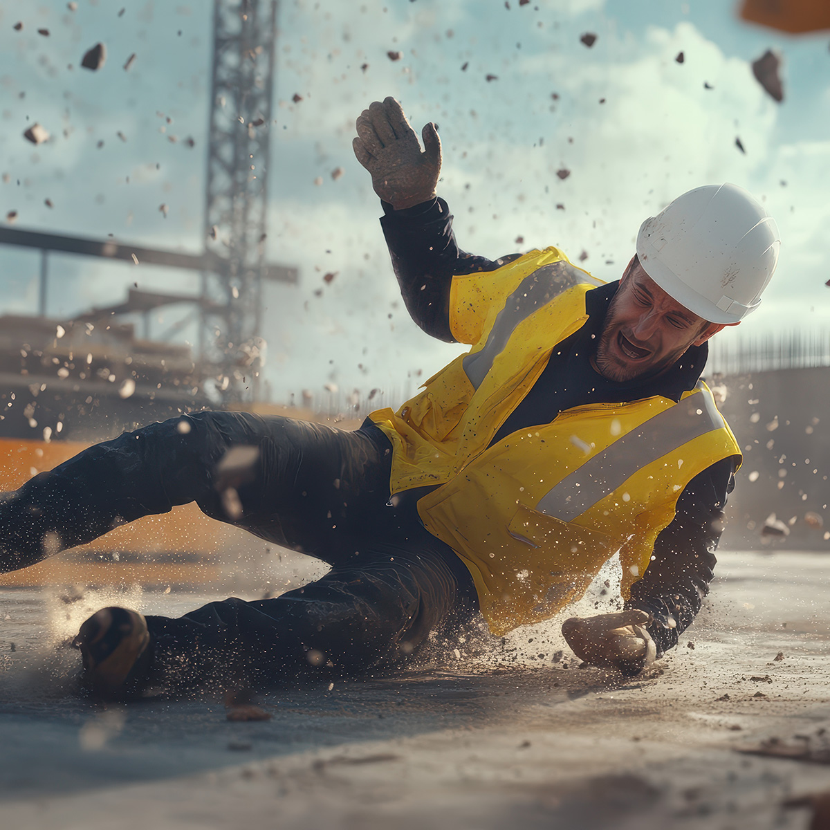 Man Wearing Hard Hat Falling Over